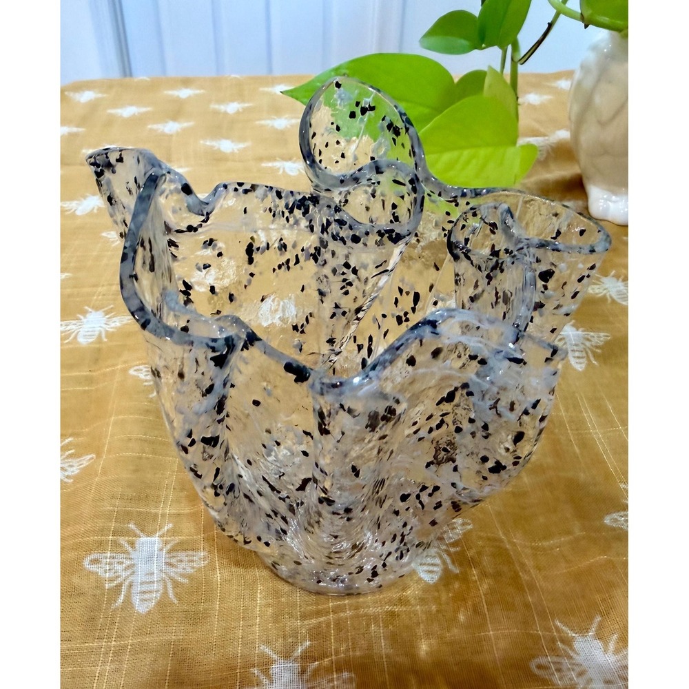 Jozefina Krosno Handkerchief Vase‎ – Black White Confetti Splatter Art Glass